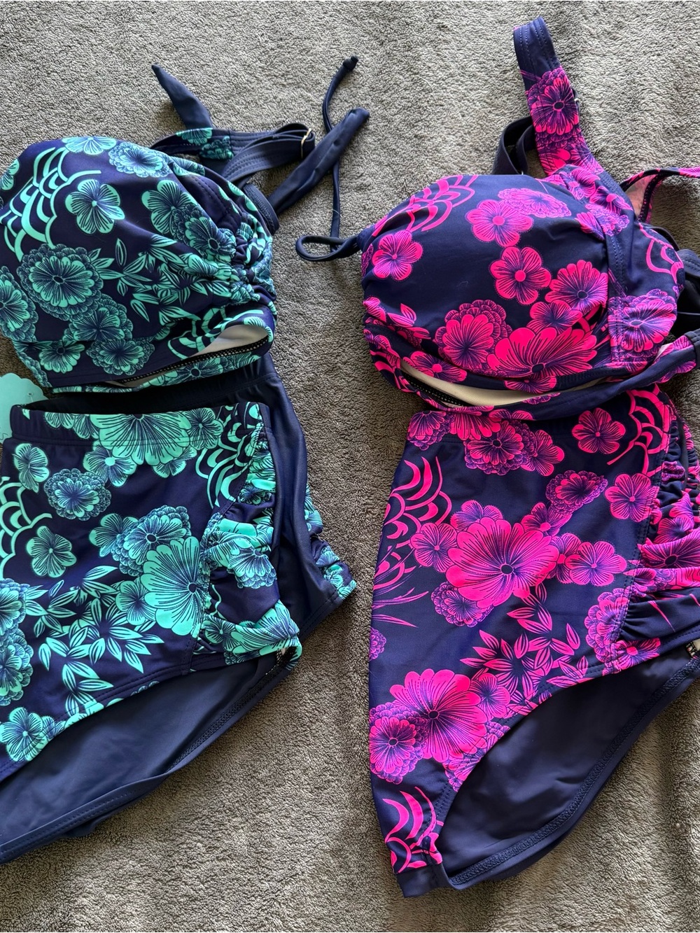2 Floral High-Waist Bikini Sets - Aqua & Hot Pink Floral